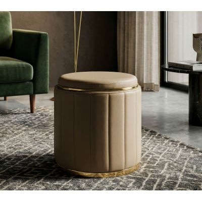 Taburet cu spatiu de depozitare, Mauro Ferretti, London, 46.5x44 cm, lemn de pin/piele ecologica, maro/auriu