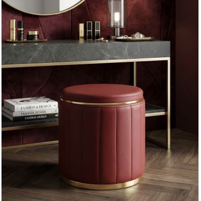 Taburet cu spatiu de depozitare, Mauro Ferretti, London, 46.5x44 cm, lemn de pin/piele ecologica, rosu/auriu
