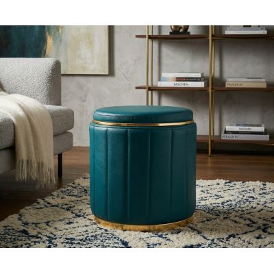 Taburet cu spatiu de depozitare, Mauro Ferretti, London, 46.5x44 cm, lemn de pin/piele ecologica, turcoaz/auriu