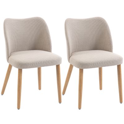 HOMCOM Set de 2 Scaune de Masă Moderne, Scaune de Bucătărie cu Tapițerie din In, Șezut Imbătut, Spătar Curbat, Picioare din Lemn de Cauciuc, Ușor de Asamblat, Alb Crem | Aosom Romania
