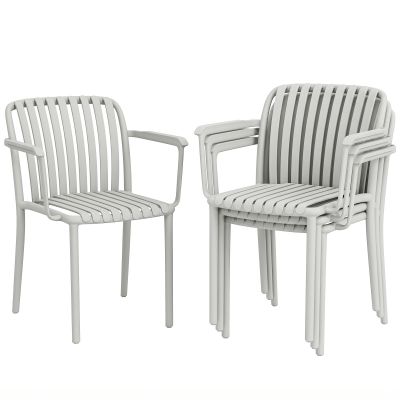 Outsunny Set 4 Scaune de Grădină Stackabile din Polipropilenă Anti-UV, Design Lamelar cu Cotiere, pentru Terasă Balcon Exterior Interior, Gri | Aosom Romania