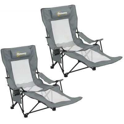 Outsunny Set de 2 scaune de camping pliante înclinate 4 poziții, suport picioare detașabil, suport pahar, 165x80x90cm, Gri | Aosom Romania