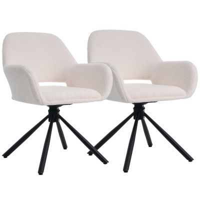 Set de 2 scaune de dining moderne, tapițate în sherpa, cu cotiere și funcție rotativă, Alb