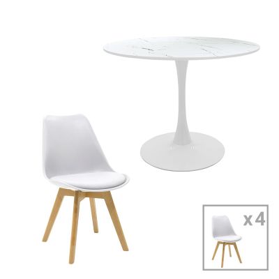 Set de Masa de dining Gaston-Balou I 5 piese -mdf marmura, Alb, D120x75 cm