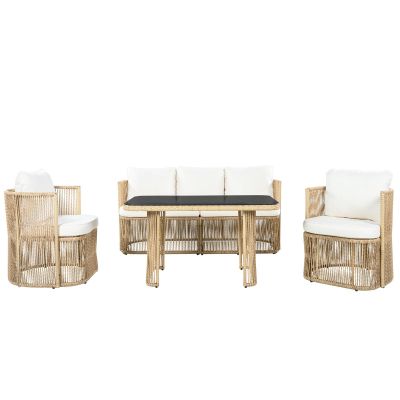 Set mobilier de grădină din PE‑rattan, 5 piese, canapea 3 locuri, 2 fotolii și masă cu blat din sticlă, Bej+Negru+Alb