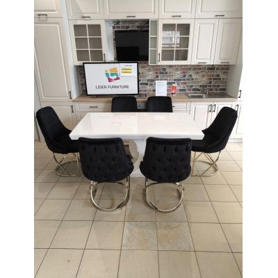 Set Monza masa fixa + 6 scaune modern alb lucios cu scaune catifea neagră