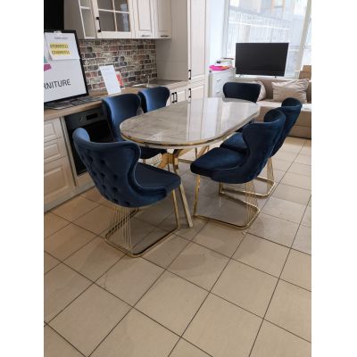 SET STELLA ALBASTRU CU AURIU MASA+6 SCAUNE, BLAT GRI