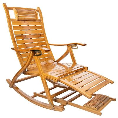 Fotoliu balansoar multifunctional, reglabil 5 pozitii, cu suport picioare si masaj, 158 cm, bambus