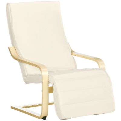 Fotoliu Relax cu Suport pentru Picioare Reglabil pe 5 Niveluri si Tetiera, Cadru din Lemn de Mesteacan si tesatura, 66,5x94x100 cm, Crem