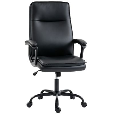 HOMCOM Scaun de Birou Rotativ din Piele PU, Funcție Legănare, Spătar Înalt, Reglabil pe Înălțime, Suportă 120 kg, Negru | Aosom Romania