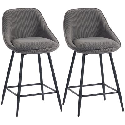 HOMCOM Set de 2 scaune de bar cu tapițerie din corduroy și picioare din oțel, scaune tapițate pentru insula de bucătărie, sufragerie, Gri | Aosom Romania
