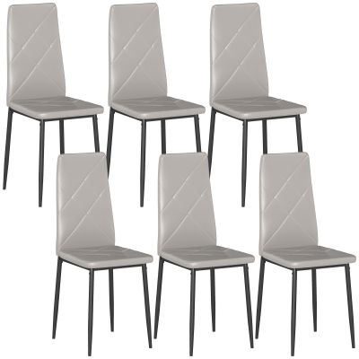HOMCOM Set de 6 Scaune de Sufragerie, cu Spătar Înalt cu Cusături Tip Romb din Piele Ecologică și Oțel, 41x50x97 cm, Gri | Aosom Romania