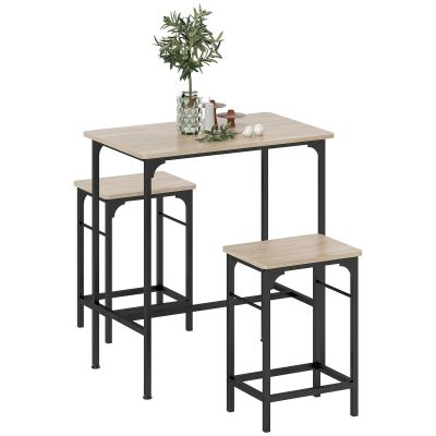 Mobilier de Bar 3 Piese cu Masa de Bucatarie si 2 Scaune de Bar din Lemn si Otel, culoare Lemn si Negru
