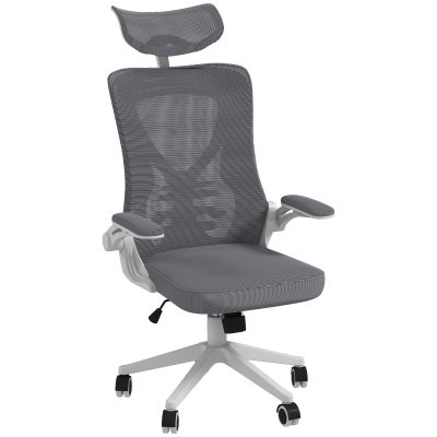 Scaun de Birou cu Inaltime Reglabila cu Tetiera, Suport Lombar si Cotiere Rabatabile, 65x64x120-130 cm, Gri si Negru