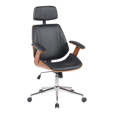 Scaun de birou ergonomic Fetseno, Stil Director, Piele ecologica neagra, Baza cromata, 53x56x113.5-123 cm