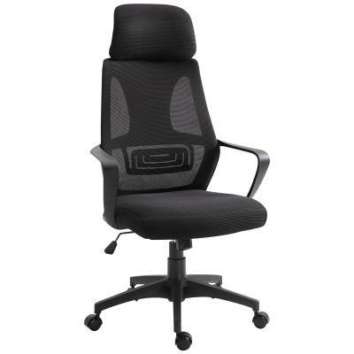 Scaun de Birou Rabatabil cu Tetiera si Suport Lombar, din Poliester, 64x55x116-126 cm, Negru