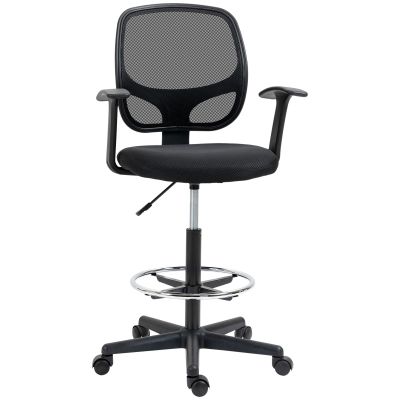 Scaun de birou reglabil pe inaltime cu cotiere, roti pivotante si scaun captusit cu cauciuc spuma, 60x56x110-132cm, negru