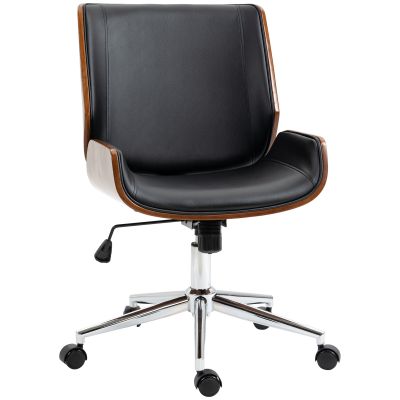 Scaun de Birou Vintage Tapitat, din Piele Ecologica, Lemn si Otel, 53x60x86-96 cm, Negru si Maro inchis