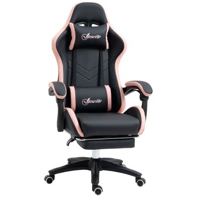 Scaun de gaming din piele ecologica PU si otel pentru dormitor sau camera de zi cu inaltime reglabila si spatar inclinabil, 65x65x121-129 cm, roz si