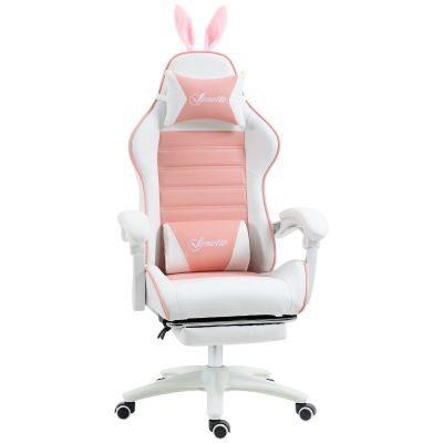 Scaun de Gaming Ergonomic cu Urechi de Iepure si Suport pentru Picioare Extensibil, 65x63x136-142 cm, Roz