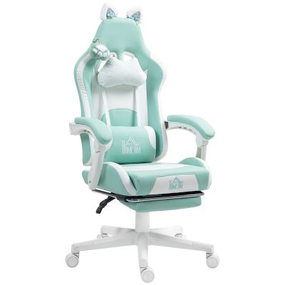Scaun de Gaming Reclinabil cu Suport pentru Picioare si Perne, din Piele Artificiala si Spuma, 65x62x116-124 cm, Albastru si Alb