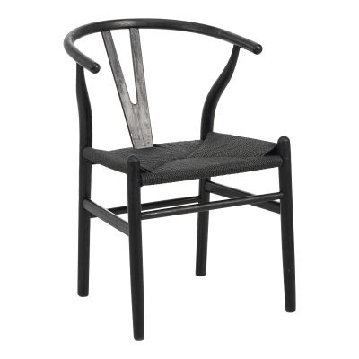 Scaun dining, lemn de cauciuc - funie, negru, 53x57x74 cm