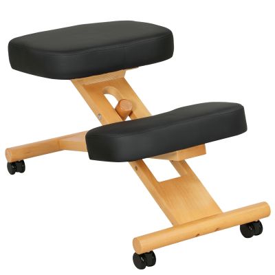 Scaun Ergonomic pentru Genunchi cu inaltime Reglabila din Lemn cu Rotile, 42x70x42-52 cm, Negru