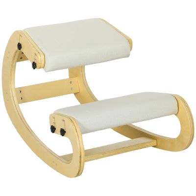 Scaun ergonomic reglabil in 6 pozitii, din material textil cu efect de in si lemn de mesteacan, 55x85x55 cm, crem