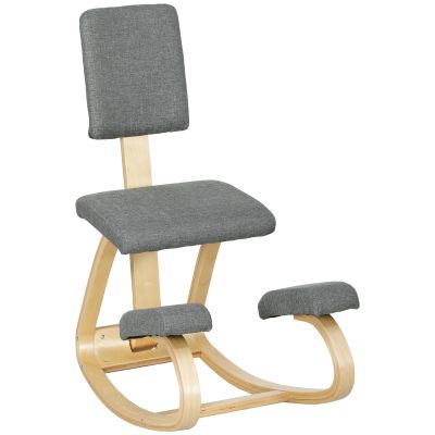 Scaun ergonomic tip genunchier balansant, din material textil cu efect de in si lemn de mesteacan, 51x84x93 cm, gri