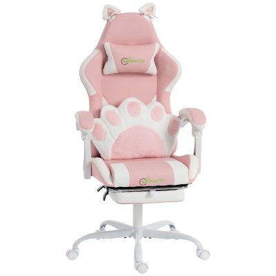 Scaun Gaming Ergonomic cu Urechi de Pisica, Fotoliu Gaming Birou Reclinabil din Piele Eco cu Suport pentru Picioare, Tetiera si inaltime Reglabila,