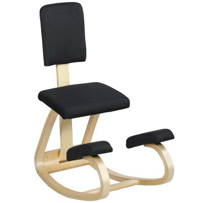 Scaun Genuncher Balansabil in tesatura cu Efect de In si Lemn de Mesteacan, 51x84x93 cm, Negru