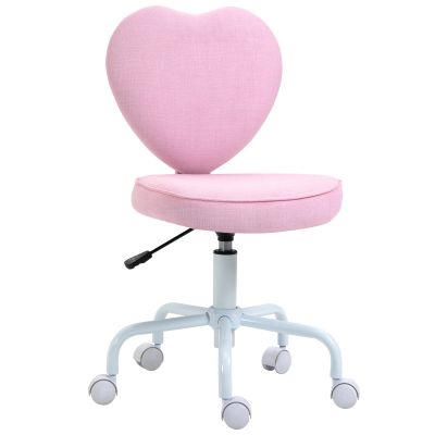 Scaun pentru Birou in Forma de Inima cu 5 Roti si inaltime Reglabila din Material Textil Roz, 42x50x79-89cm
