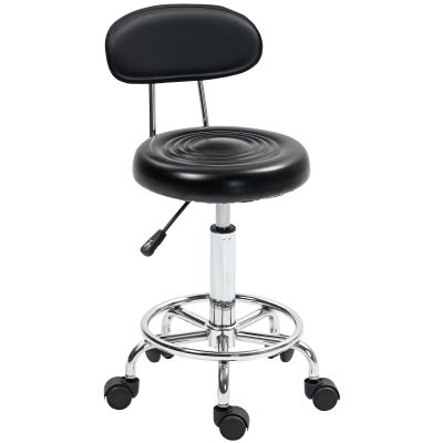 Scaun Rotativ Reglabil la 360 , Scaun Estetician cu Spatar, Roti si Suport pentru Picioare, din Otel, Piele Sintetica, 32x40x70-86 cm, Negru