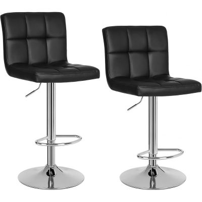 Set 2 scaune bar reglabile pe inaltime, cu spatar, sezut PU si suport picioare, rotatie 360A , 38x45x115 cm, negru