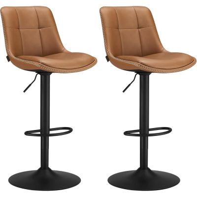 Set 2 scaune bar reglabile, rotative 360A , tapiterie PU, cadru metalic, 44x30x90-112 cm, maro caramel