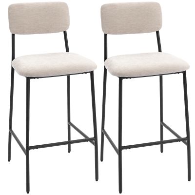 Set 2 Scaune de Bar cu Spatar inalt, Suport pentru Picioare si Tapiterie din Chenille, Crem