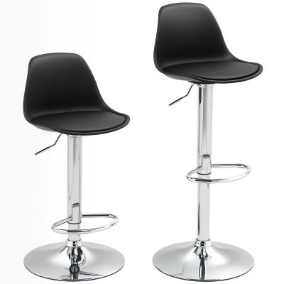 Set 2 Scaune de Bar cu Spatar si Suport pentru Picioare, din PP, Piele PU si Otel, 38x42x82-104 cm, Negru