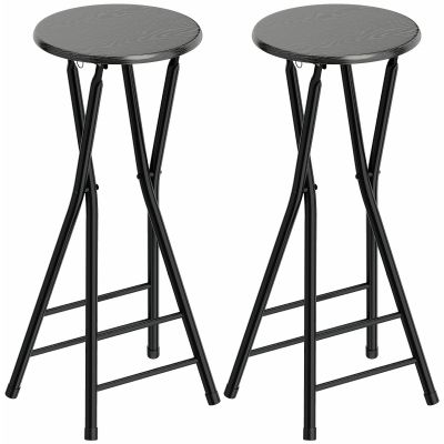 Set 2 Scaune de Bar Pliabile cu Suport Dublu pentru Picioare, din Lemn si Otel, 34x30x70 cm, Negru