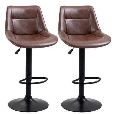 Set 2 Scaune de Bar Vintage din Piele Sintetica Maro cu Suport pentru Picioare si Baza Rotunda, 46,5x50x88-108 cm