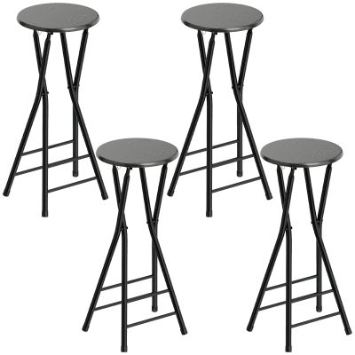 Set 4 Scaune de Bar Pliabile cu Suport dublu pentru Picioare, din Lemn si Otel, 34x30x70 cm, Negru