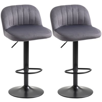 Set de 2 scaune de bar cu efect de catifea cu spatar si suport pentru picioare, 43x45x81-101cm, gri