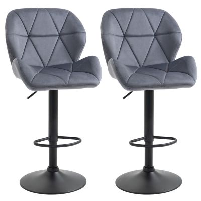 Set de 2 Scaune de Bar cu inaltime Reglabila, Baza Metalica si sezut din Catifea, 51.5x57.5x93-114.5 cm, Gri
