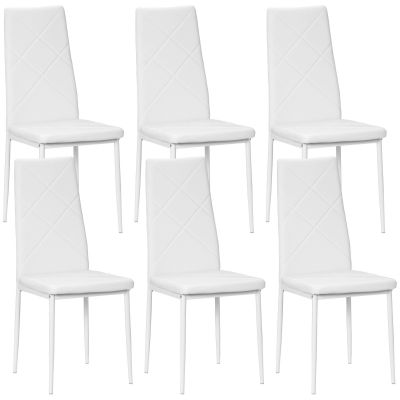 Set de 6 Scaune de Dining Moderne cu Spatar inalt din Piele Ecologica si Otel, 41x50x97 cm, Alb