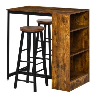 Set de masa cu bar cu 3 rafturi si 2 scaune inalte cu suport pentru picioare, stil industrial, maro