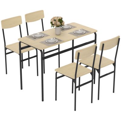 Set de Masa Rectangulara si 4 Scaune, Negru si Culoare Lemn