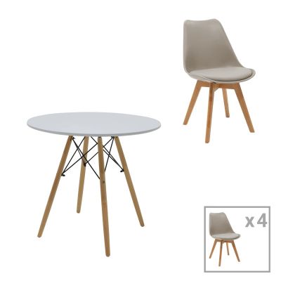 Set dining Julita-Gaston, 5 piese, Gri-Alb-Natural, 80x80x73 cm