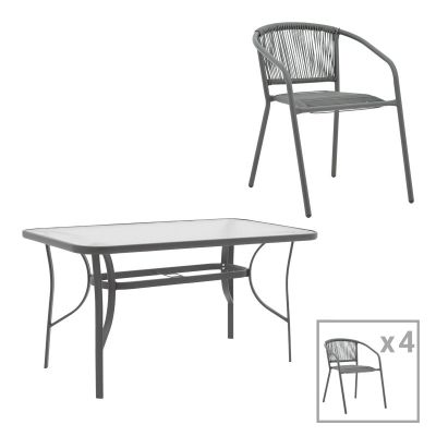Set masă de sufragerie cu 4 scaune Ensure-Lindaria, Metal/ Sticlă, Gri antracit, 120x70x70 cm