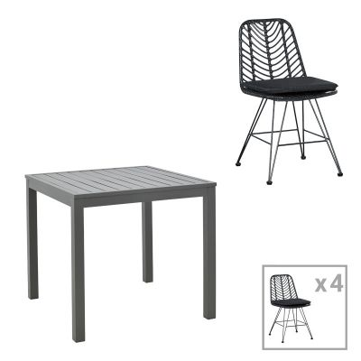 Set Masa Dining cu 4 Scaune Kliton-Naoki, Aluminiu și metal, 80x80x74 cm, Închis Antracit Negru