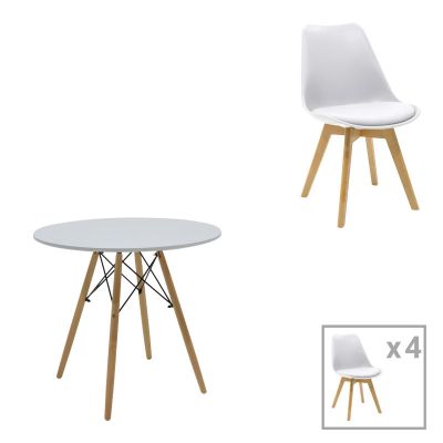 Set masa dining Julita-Gaston, cu 5 piese, și lemn de fag, alb-natur, 80x73 cm