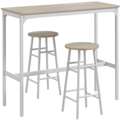 Set masa inalta de bar + 2 scaune cu structura din otel si blat cu aspect de lemn natural, pentru 2 persoane, alb